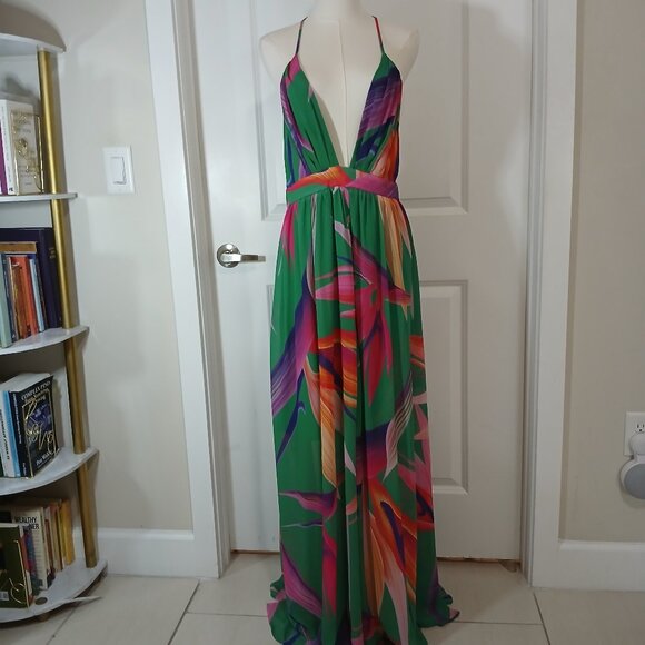 Shein Maxi Dress Women’s Size L Multicolor Deep V Neck Backless Halter - Picture 1 of 8